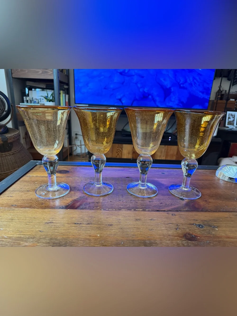 Vintage Pier 1 (4) Amber Bubble Glass Wine Goblets